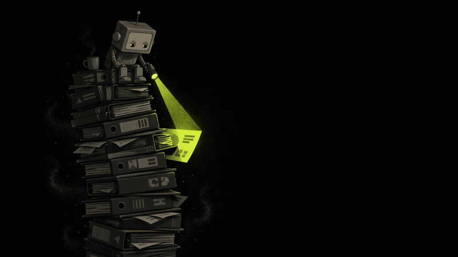 Уставший робот-библиотекарь с лаймовым фонариком сидит на вершине кривой горы папок и инструкций